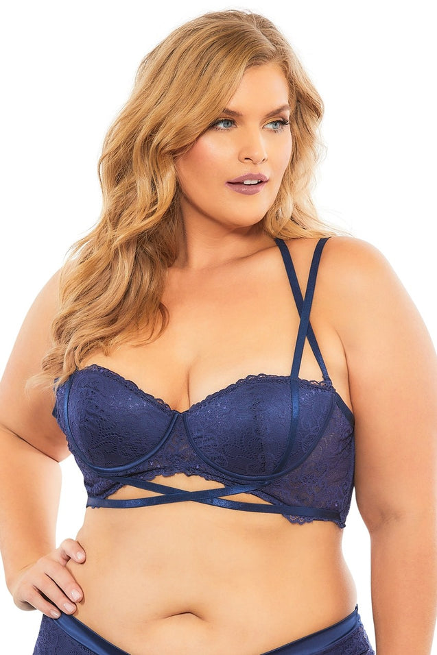 Lace Push Up Balconette Bra With Crossing Halter Straps - Estate Blue - 1x OH-11-10823XEB1