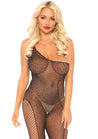 Crystalized Fishnet Asymmetrical Bodystocking With Industrial Net Side Accent - One Size - Black LA-89240