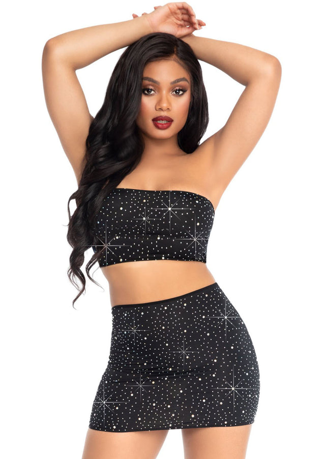 2 Pc Rhinestone Bandeau and Mini Skirt - Black - Small LA-86155BLKS