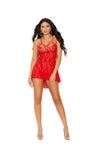 Lace Halter Neck Babydoll With Strappy Detail and Matching G-String - One Size - Red EM-12037RD