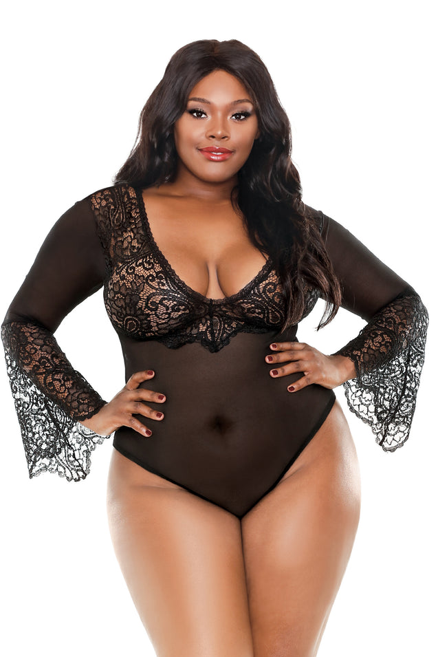 Aurora Bell Sleeved Bodysuit - Black - 3x/4x FL-BP288-3X4X