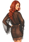 3 Pc Sheer Short Robe With Eyelash Lace Trim and Flared Sleeves - Black - M/l LA-86107BLKML