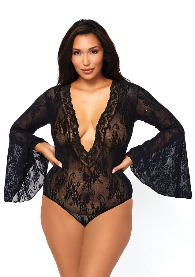 Bell Sleeve Bodysuit - Queen Size - Black LA-89227QBLK