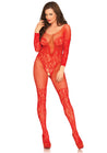 Vine Lace & Net Long Sleeved Bodystocking - One  Size - Red LA-89190RED