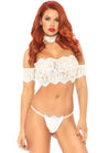 3 Pc Eyelash Strapless Crop Top With Cuff Sleeves Choker and Matching G-String - White - Small/ Medium LA-81573WHTSM