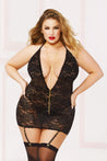 Lace & Chain Chemise With Thong Set - Queen Size  - Black STM-10893XPBLK