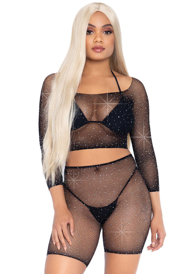 2 Pc Rhinestone Fishnet Crop Top and Biker  Shorts - Black - One Size LA-81608BLK