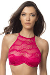 High Neck Bra With Diagonal Eyelash Lace Panels - Extra Large - Bright Rose OH-11-10644-BRSXL