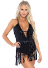 Fringe Halter Bodysuit - Black - M/l LA-89266BLKML