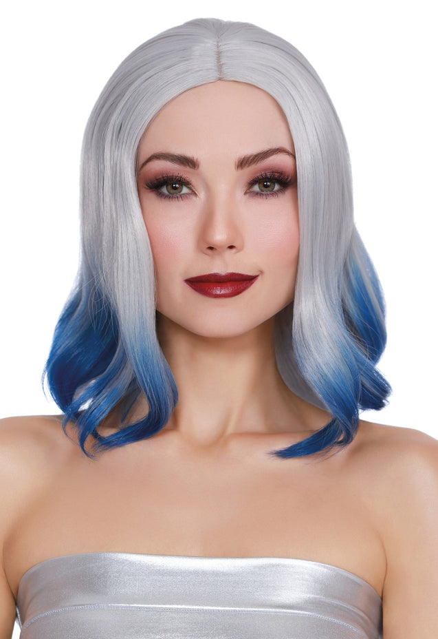 Shoulder Lenth Wig With Bangs and Bottom Curl Silver and Blue DG-11687MLT