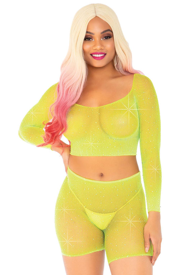 2 Pc Rhinestone Fishnet Crop Top and Biker  Shorts - One Size - Neon Yellow LA-81608NY