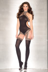 Sheer Halter Suspender Bodystocking With Leopard  Print Lace Details - One Size - Black BW-B90OS