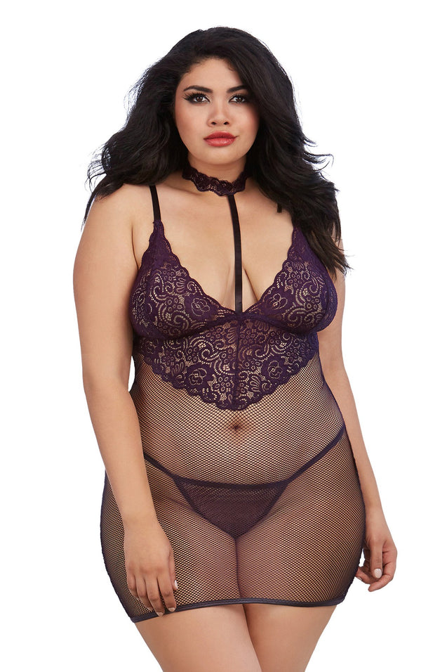 Chemise and G-String Set - Queen Size - Eggplant DG-11840XEGPQ