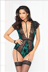 Flocked Mesh Bodysuit W/garter - Green - Large STM-10940L