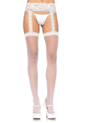Sheer Lace Top Stockings With Attached Lace Garter Belt - One Size - White LA-1767